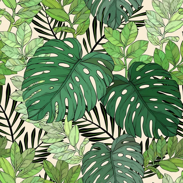 Monstera Jungle Palmiers Laisse Motif Floral Sans Couture Illustration Vectorielle — Image vectorielle