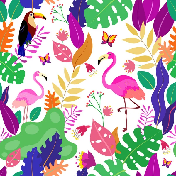 Tropical Seamless Pattern Flamingo Toucan Exotic Plants Leaves Vector Illustration — Stock Vector