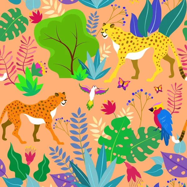 Tropický Bezešvý Vzor Gepardem Papouškem Exotickými Listy Rostlin Vektorová Ilustrace — Stockový vektor