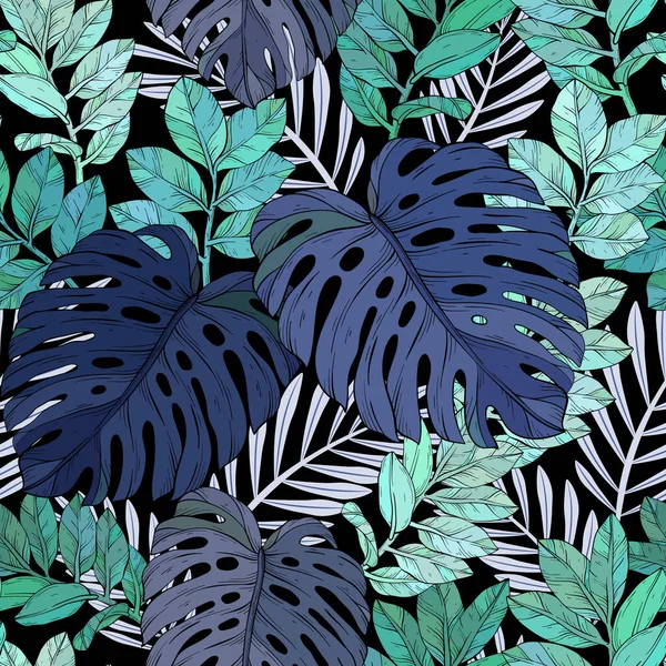 Muster Aus Monstera Und Palmen Dschungelblättern Blau Und Grün Vektorillustration — Stockvektor