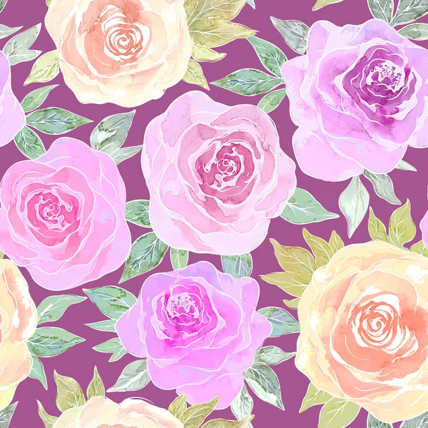 粉红色的玫瑰和牡丹 叶绿色 底色深 病媒无缝浪漫花纹 — 图库矢量图片