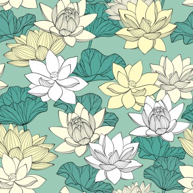 Nilüfer çiçeğiyle kusursuz desen. Lotus çiçekleri sanat tasarımı. vektör illüstrasyonu.
