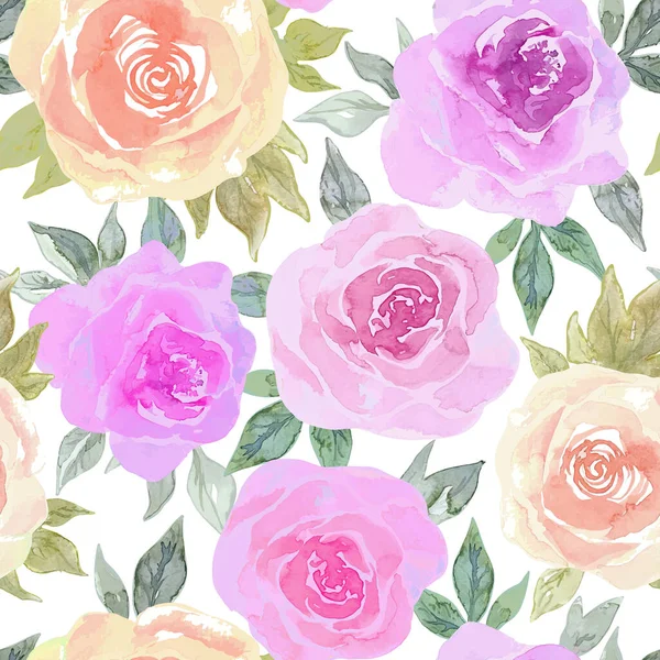 Рожеві Троянди Півонії Зеленим Листям Білому Тлі Векторний Безшовний Романтичний — стоковий вектор