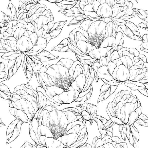 Floral Seamless Pattern Vintage Peony Design Hand Drawn Black White — Stock Vector