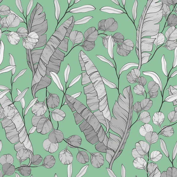Feuilles Branches Motif Monochrome Sans Couture Eucalyptus Feuilles Banane Illustration — Image vectorielle