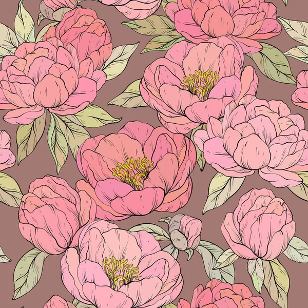 ヴィンテージピーニーの花はシームレスなデザイン 手描きベクターイラスト — ストックベクタ