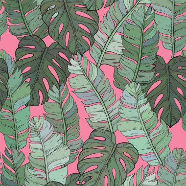 Tropikal yapraklı orman vektör deseni. Moda yaz baskısı. Egzotik, pürüzsüz arkaplan.