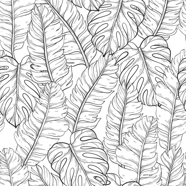 Jungle Outline Vektormuster Mit Tropischen Blättern Trendy Sommerprint Exotischer Nahtloser lizenzfreie Stockvektoren