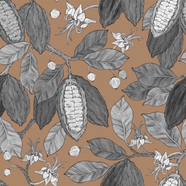 Kusursuz tek renkli kakao yaprakları, çiçekler ve kahverengi arka planda kakao çekirdeği meyveleri. Vektör illüstrasyonu.