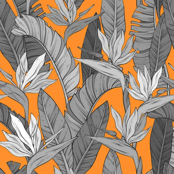 Modèle Monochrome Sans Couture Avec Oiseau Tropical Fleurs Paradisiaques Feuilles — Image vectorielle