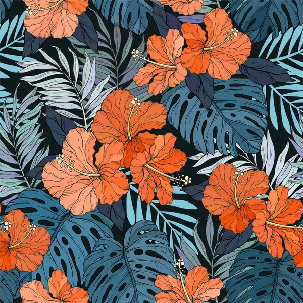 Tropischer Hibiskus Und Palmblätter Mit Nahtlosem Muster Exotischer Dschungel Vektor Stockvektor