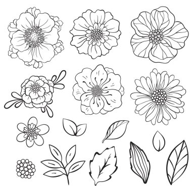 El hatları çizilmiş çiçekler. Çiçekli Vintage klipsi. Vektör illüstrasyonu