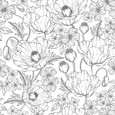 Gelincik çiçekleri, yaprakları, haşhaş tohumu kabukları ve küçük kır çiçekleri olan parlak, dikişsiz bir yaz deseni. Vektör illüstrasyonu.