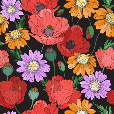 Parlak kır çiçekleri, gelincik ve papatya çiçekleri ve çiçek arkaplan desenleri. Vektör illüstrasyonu