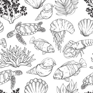Outline vector sea creatures seamless design. Wild life pattern with sea inhabitants