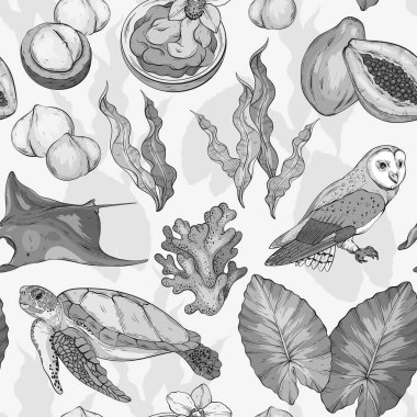 Tropikal elementlerle kusursuz monokrom deseni. Hawaii, plaj ve yazla ilgili eşyalar. Stingray, baykuş, kaplumbağa, yosun, mercan ve papaya