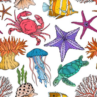 Suyun altında kusursuz bir yaz. Çeşitli kabuk, yosun, kaplumbağa, yengeç, kerevit, denizanası, kabuk, mercan deniz yıldızı beyaz arka plan vektör illüstrasyonunda anemon
