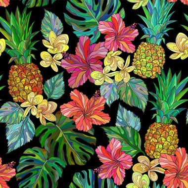 Ananas ve çiçek açan amber çiçekleri. Elle çizilmiş tropikal temalı vektörsüz desen