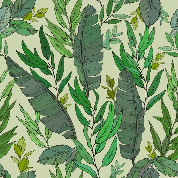 Botanisches Nahtloses Muster Handgezeichnete Linien Art Bananen Und Eukalyptusblätter Vektorillustration Stockvektor