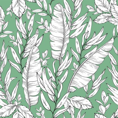 Botanik dikişsiz desen, el çizimi sanat eseri muz ve okaliptüs yaprakları yeşil arka planda. Vektör illüstrasyonu.