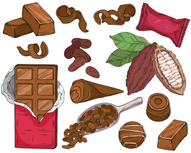 Çikolata seti. El yapımı şeker, kakao fasulyesi, cips ve çikolata. Vektör illüstrasyonu.
