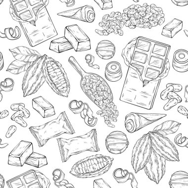Şekilsiz çikolata deseni. El yapımı şeker, kakao çekirdeği, patates kızartması ve çikolata. Vektör illüstrasyonu.