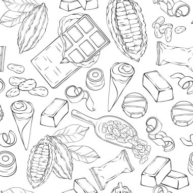 El çizimi çikolatalı, kusursuz desenli şekerlemeler. Kakaolu fasulye, patates kızartması ve çikolata. Vektör illüstrasyonu.