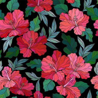 Egzotik vektör dikişsiz tasarım, kırmızı el amber çiçeği çiziyor. Tropik yaz döngüsü