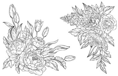 Yeşil yapraklı çiçek buketleri, kasımpatı, güller, şakayıklar ve lupinler. Vektör çiçek tasarım elementleri