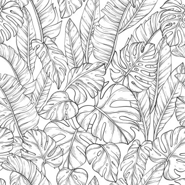 Kusursuz desenli, ana hatları canavar yapraklı. Vektör illüstrasyonu