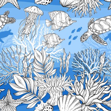 Mavi arka planda deniz yaşamı deseni, farklı canlılarla okyanus ve sualtı dünyası. Kusursuz vektör çizimi