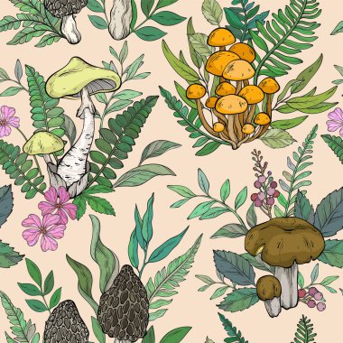Farklı mantar, çiçek ve bitkilerle kusursuz desen. Vektör illüstrasyonu