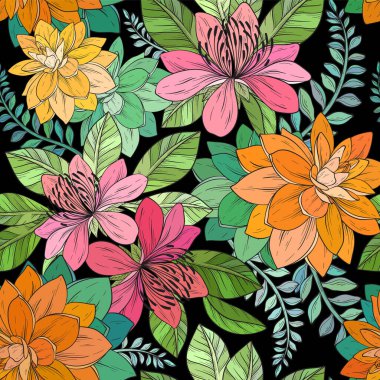 Siyah arka planda tropikal bitkiler, çiçekler ve yapraklarla kusursuz desen. Vektör egzotik tasarım, Hawaii bitkileri