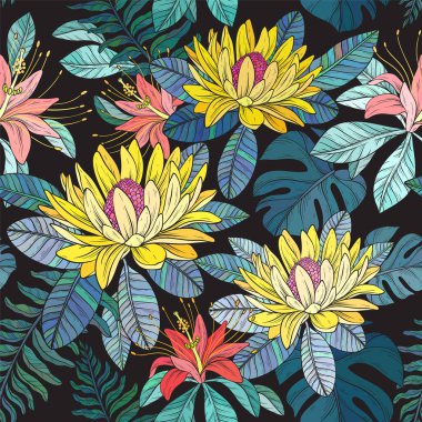 Siyah arka planda tropik çiçekli ve yapraklı pürüzsüz desen. Vektör egzotik tasarım, Hawaii bitkileri