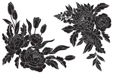 Yapraklı, kasımpatı, gül, şakayık ve lupin çiçekli çiçek buketleri. Vektör çiçek tasarım elementleri