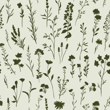 Çeşitli kır çiçekleri ve narin bitkilerle kusursuz yeşil desenlerin vektör çizimi