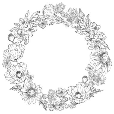 Beyaz arka planda gelincikler, papatyalar, çiçek çiçekleri, düğün çiçekleri ve kır çiçeklerinden oluşan dairesel bir çelenk çizimi.