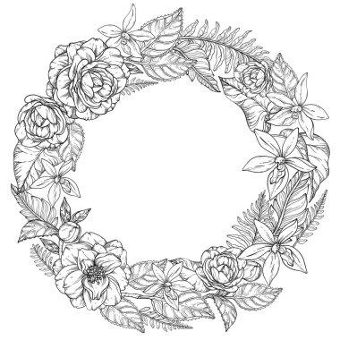 Kamelya çiçekleri, orkideler ve yemyeşil yapraklardan oluşan dairesel bir çelengin güzel detaylandırılmış bir çizgisi. Beyaz arka planda eğreltiotu aksanıyla zarif bir şekilde düzenlenmiş.