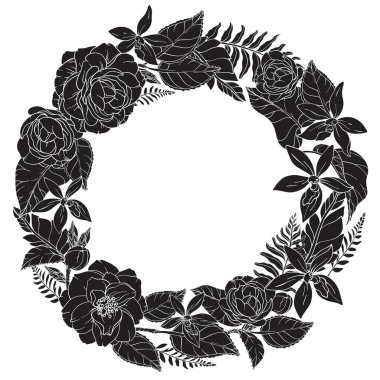 A beautifully detailed silhouette floral vector illustration of a circular wreath made of camellia flowers, orchids, and lush leaves, elegantly arranged with fern accents on white background