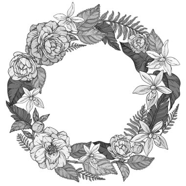 A beautifully detailed monochrome floral vector illustration of a circular wreath made of camellia flowers, orchids, and lush leaves, elegantly arranged with fern accents on white background