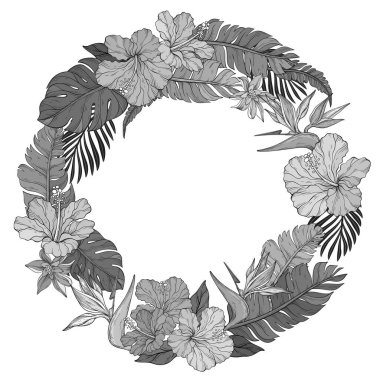 Amber çiçeklerinden oluşmuş dairesel bir çelenk, bereketli bir canavar ve beyaz zemin üzerinde muz yaprakları olan cennet kuşu çiçekleri içeren bir Çizgi Sanatı çiçek çizimi.