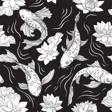 Seamless black and white pattern with Koi carp, Chinese new year. Gold fish for festival design, line art of koi fish