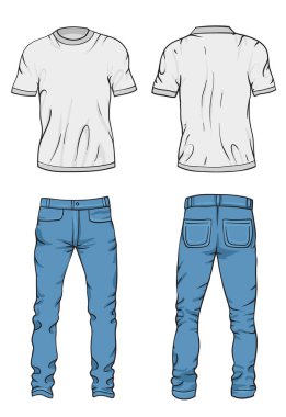 A detailed vector illustration of a casual outfit featuring a plain white T-shirt and classic blue jeans, in both front and back views, fabric folds, seams, and stitching details
