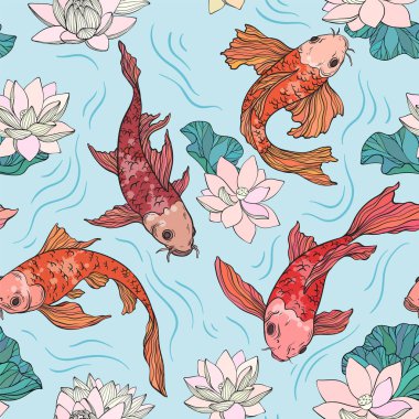 Altın Koi sazan balığı ve lotos çiçekli kusursuz desen, Çin yeni yılı. Festival tasarımı için altın balık, koi balığı koleksiyonu
