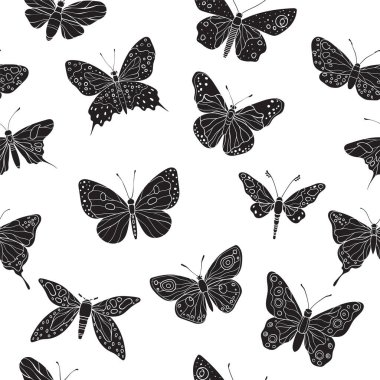 Karmaşık kanat desenleri olan kusursuz bir siluet kelebek deseni, çeşitli sanatsal ve doğal tasarımlar, vektör çizimleri sergiliyor.