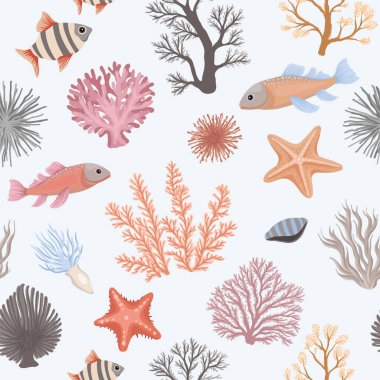 Renkli mercan, deniz bitkileri, balık, denizyıldızı ve deniz elementlerinin detaylı ve sanatsal sualtı temalı bir tasviri.