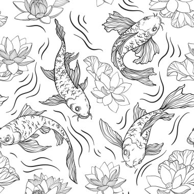 Kusursuz desenli Koi sazan balığı ve lotos çiçeği, Çin yeni yılı. Festival tasarımı için altın balık, koi balığı koleksiyonu