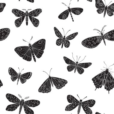 Özenle tasarlanmış kelebekler ve güveler siluette kusursuz desenler, çeşitli kanat desenleri ve sanatsal detaylar, vektör illüstrasyon