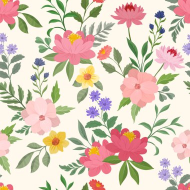 Renkli şakayıklar, yabani çiçekler, yapraklar ve doğal botanik tasarımı içeren kusursuz bir vektör deseni.