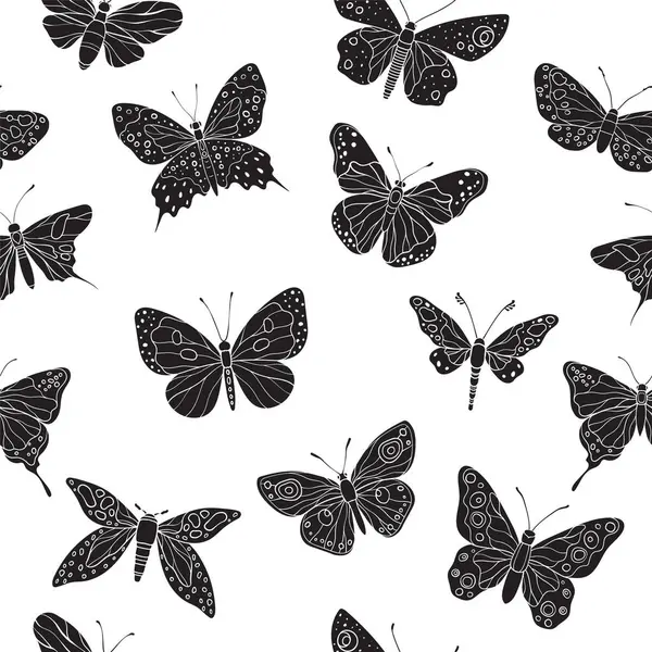 Karmaşık kanat desenleri olan kusursuz bir siluet kelebek deseni, çeşitli sanatsal ve doğal tasarımlar, vektör çizimleri sergiliyor.